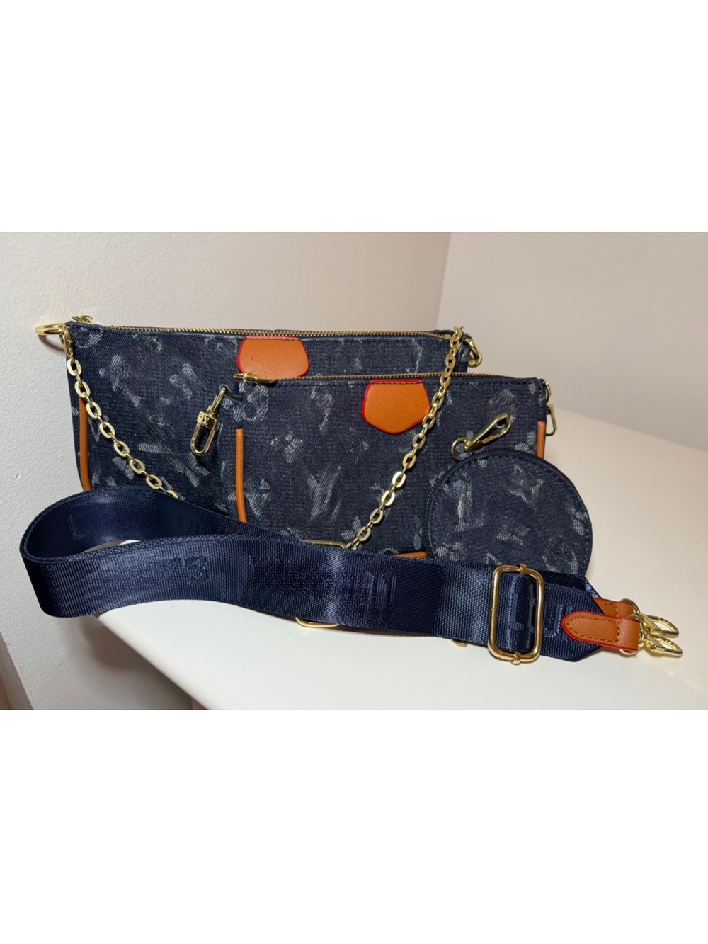 Denim and Tan Multi-Piece Crossbody Set